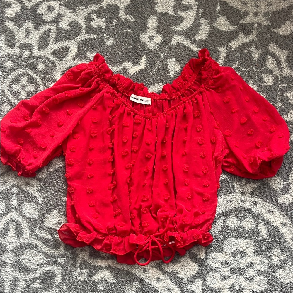 Red Pom-Pom Off-Shoulder Top - Unknown Brand